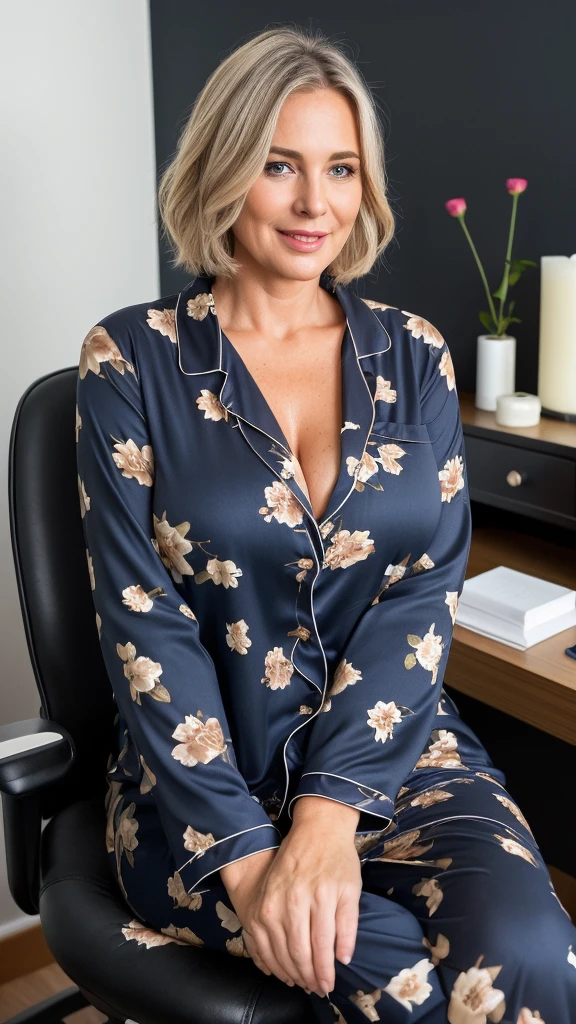 mature woman in, 60 years old, Alone, casual hair, Looking at the viewer, GrayBlonde hair, Brown eyes, Jewelry, Full body, cleavage, (wearing elegant patterned collared dark yellow floral_Pajamas), Distant photo, Realistic, A sexy one, beautiful colour, Luxury bed room views, Lots of candle night Views, Perfect skin, 3 bust size, instagram (Realistic, A high resolution), photo size 3:4, large expressive blue eyes, happy, (8K, raw photo, Best quality, High detail, curvaceous forms, curvy body, She sitting on office, she sat in the office chair, body full of soap suds, she Screaming loudly in fear, close eyes, smile Extraordinary Pleasure, big in studio Foto With Photographic equipment, black wall background. 