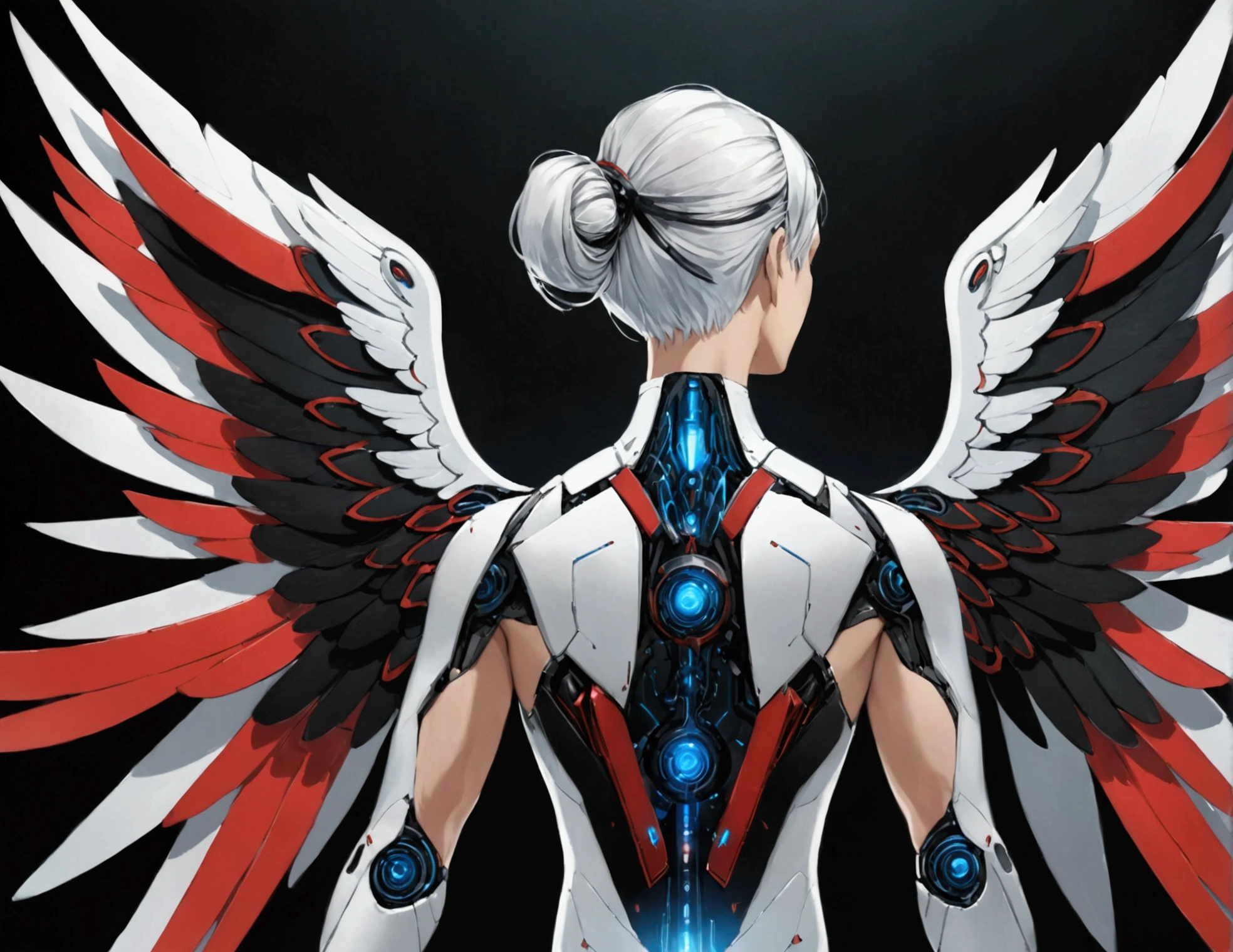 A man with futuristic technology, the torso completely made of technology, with 2 pairs of wings, the left wings are blue with black tips and the right wings are red with black tips, white hair tied in a short ponytail, looking forward