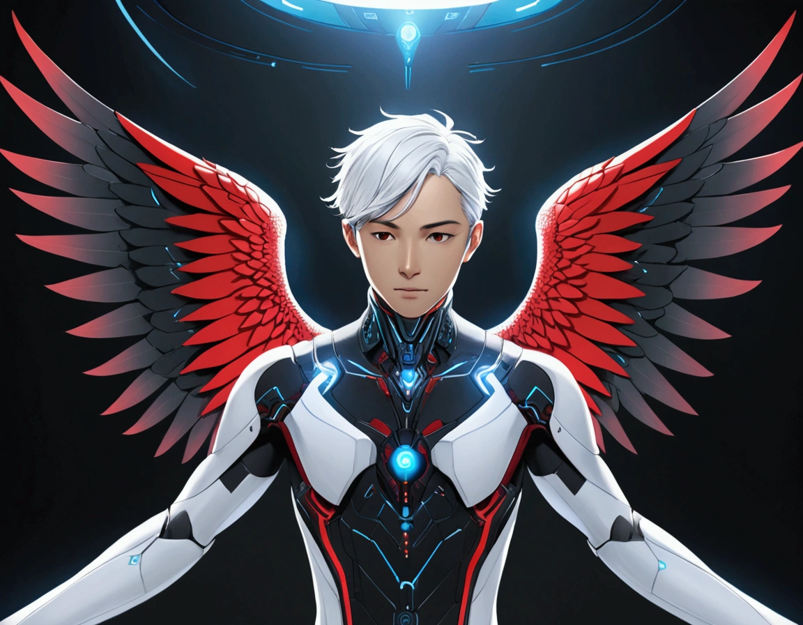 A man with futuristic technology, the torso completely made of technology, with 2 pairs of wings, the left wings are blue with black tips and the right wings are red with black tips, white hair tied in a short ponytail, looking forward