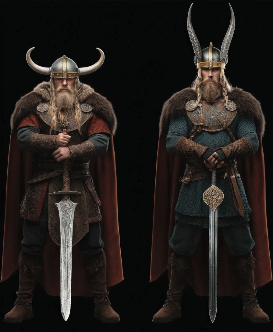 two men in viking costumes with horns and a sword, Viking and Templar aesthetics, traje viking, for honor character concept art, medieval old king, Tuomas Korpi e Wlop, wearing Nordic armor, viking armor, Vikings, rei viking, anato finnstark and kelogsloops, viking style, epic rei viking: ultra realistic and detailed