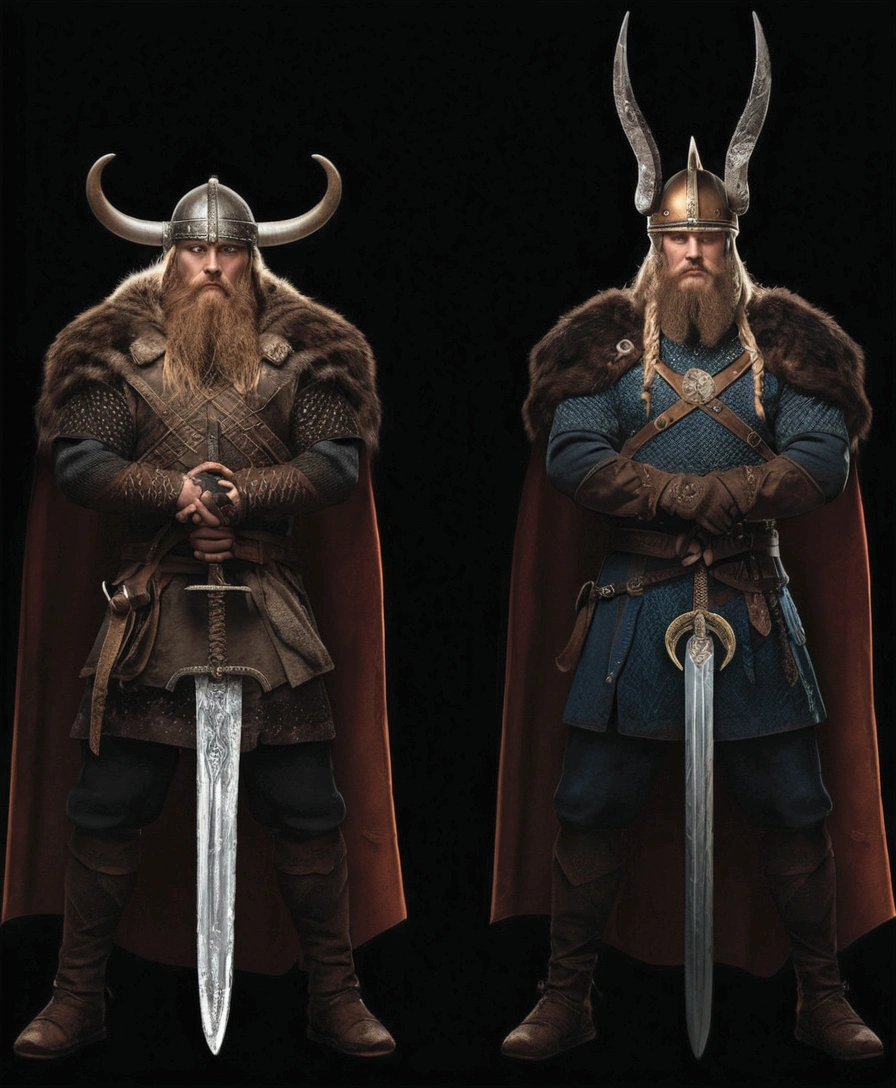 two men in viking costumes with horns and a sword, Viking and Templar aesthetics, traje viking, for honor character concept art, medieval old king, Tuomas Korpi e Wlop, wearing Nordic armor, viking armor, Vikings, rei viking, anato finnstark and kelogsloops, viking style, epic rei viking: ultra realistic and detailed
