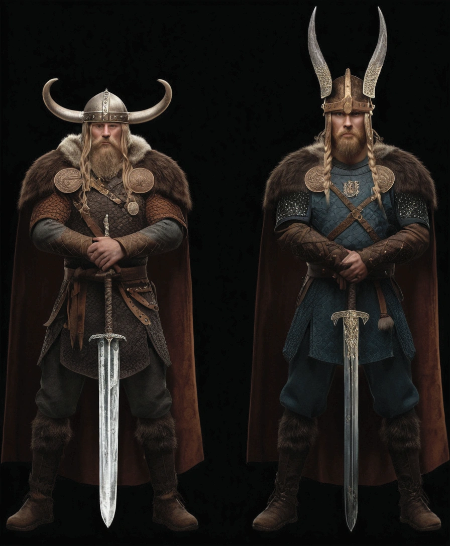 two men in viking costumes with horns and a sword, Viking and Templar aesthetics, traje viking, for honor character concept art, medieval old king, Tuomas Korpi e Wlop, wearing Nordic armor, viking armor, Vikings, rei viking, anato finnstark and kelogsloops, viking style, epic rei viking: ultra realistic and detailed