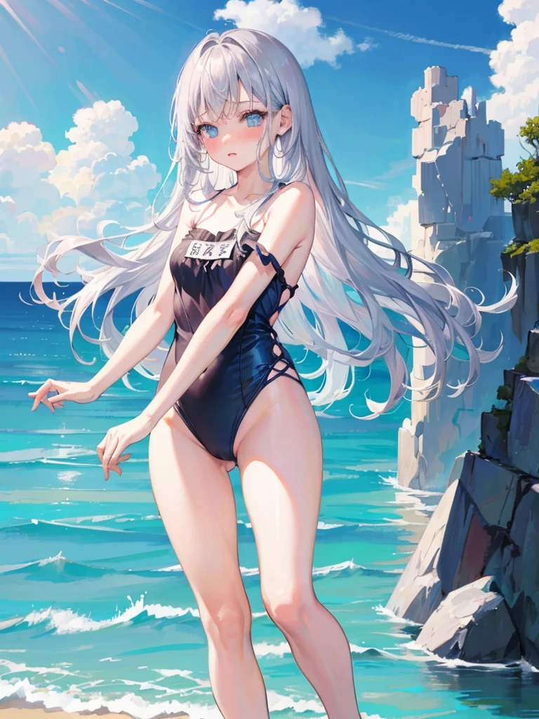 Random patterned swimsuit、Random patterned swimsuit,Swimsuit,Blushing、Medium semi-long hair、Silver Hair、pale blue eyes　、Head to toe full body、Blushing、Embarrassed look、Composition from the front、A view from slightly below、school swimwear、Acme Face、Random pose、, 、nsfw、Highest quality、1 girl、solo、Ocean、Sandy Beach、Sexy pose、Random pose、Blushing、wet、Embarrassed、I can see half of my 、、One piece swimsuit、(Strap slip:1.3)、