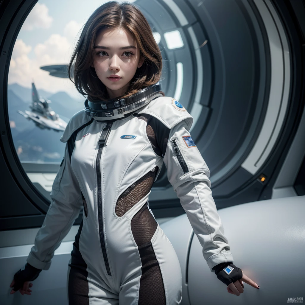 ((best qualityer)), (work of art)), (detaileds: 1.4), 3d, absurd resolution, high resolution, (work of art: 1.4), ultra detaild, Beautiful girl 1 person, Futuristic woman image, Bright brown hair, Beautiful brown eyes, beautiful  face, 20 years old, space ship, floating, mic, space suit, space ship, window, future, dynamic pose, Change clothes