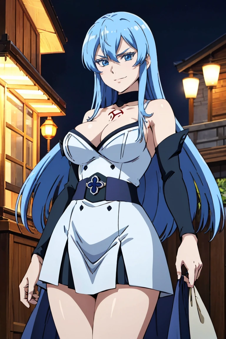 (artwork, best quality) a girl with long blue hair, blue eyes, blue eyelashes, white Japanese kimono dress, perfect body, pretty eyes, good waist, big breasts, tattoo, upset, smiling, slanted eyebrows, standing, at a fair, at night