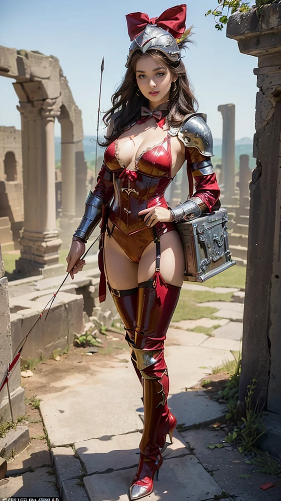 ((masterpiece:1.4)、(Highest quality:1.4)、(Realistic:1.7))、Masterpiece:1.4、(Top-notch rendering:1.4)、(Beautiful Girl Hero 4:1.4)、A beautiful heroine wandering the city:1.4、(Fantastic ancient city ruins:1.7)、(Boris Vallejo's:1.4、Julie Bell:1.4、Luis Royo:1.4、Frank Frazetta:1.4)、20-year-old、(1 Girl:1.4)、(Red Latex Bodysuit:1.4)、(Black super thong panties:1.4)、(Ultra Ultra Bikini:1.4)、(Sexy red corset:1.4)、(Decorations and costumes symbolizing the hero:1.7)、(Put on armor and helmets:1.7)、(He carries a bow and a case containing several arrows on his back and a spear in his hand.:1.7)、(An outfit that emphasizes beautiful breasts:1.4)、Detailed eyes、Beautiful Eyes、double eyelid、{Long Hair}、Beautiful woman with perfect figure:1.4、Perfect proportions:1.4、(Anatomically correct body shape:1.4)、well-proportioned and beautiful udder、(Beautiful girl with a slim waist:1.4)、(Narrow waist:1.4)、(9-body proportions beautiful girl:1.4)、(A beautiful girl with long legs and a good figure:1.4)、Standing、(Full Body Photo:1.4)、(Ancient Heroes' World Fantasy:1.4)、Ruined Old Castle、Megastructures:1.7、Great landscaping、Ancient City Fantasy、Mysterious World、Desolate landscape、Vast ancient dungeon、Photorealistic images、Sharp focus:1.5、Vision:1.7、Draw her as a beautiful girl with a good figure:1.4、Beautiful and well-proportioned hips、Sexy ass、Beautiful feet:1.2、Raw photo、Red lips、Lip Glow、Eyeshadow、Red High Heels、Beautiful face with long face、(choker:1.4、necklace:1.4、Earrings:1.4)、Supermodel:1.4、Nikon SLR D6、Natural light、Lighting technology that creates beautiful expressions、Ideal lighting、(フォトRealistic:1.4)、Raw photo、A beautiful heroine wandering through the ruins of an ancient city:1.4