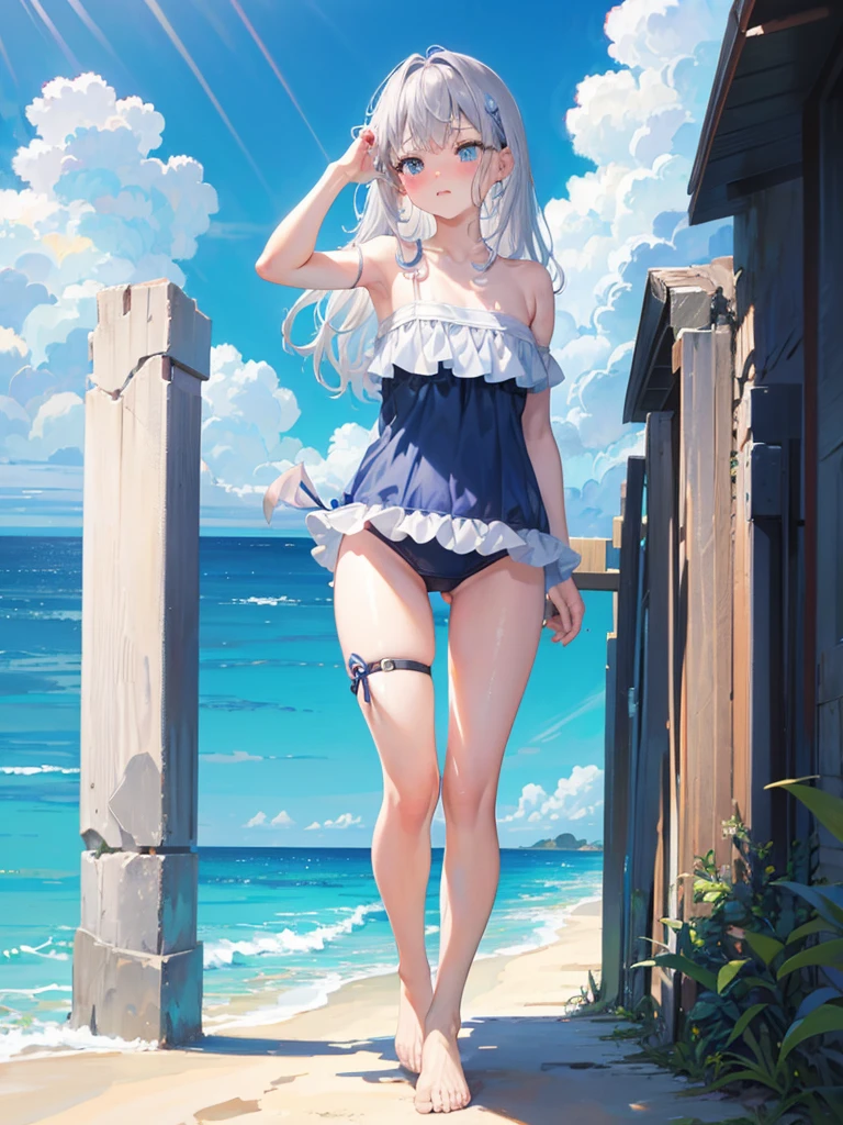 Random patterned swimsuit、Random patterned swimsuit,Swimsuit,Blushing、Medium semi-long hair、Silver Hair、pale blue eyes 、Head to toe full body、Blushing、Embarrassed look、Composition from the front、A view from slightly below、school swimwear、Acme Face、Random pose、, 、nsfw、Highest quality、1 girl、solo、Ocean、Sandy Beach、Sexy pose、Random pose、Blushing、wet、Embarrassed、I can see half of my 、、One piece swimsuit、(Strap slip:1.3)、