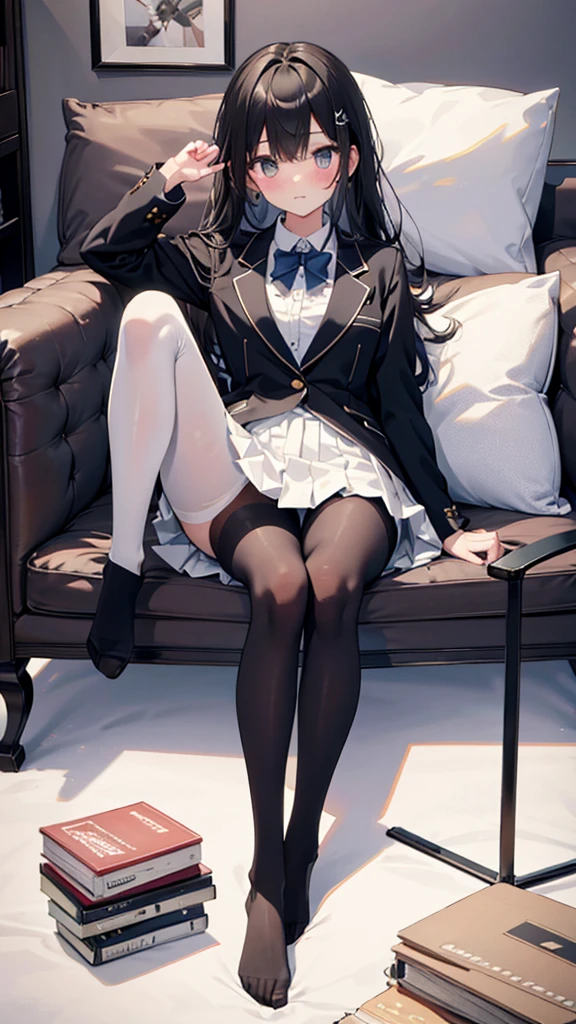 Top quality, masterpiece, High resolution, (Head to toe full body), front, frontやや下からの構図, Symmetric, Tall 18 year old girl, alone, (Head to toe), (Small breasts), bangs, (black tights), (Black Pantyhose), (Sit with your legs apart), (Crouching pose), (A composition showing white panties), (Her legs were spread、I see your white pants.), (I was made to sit on the floor with my legs spread..), (M-shaped legs), Thin legs, A very beautiful and tall 18 year old girl, (No shoes), blush, Shy big eyes, looking at the camera, Blazer Uniform, Checkered Pleated Skirt