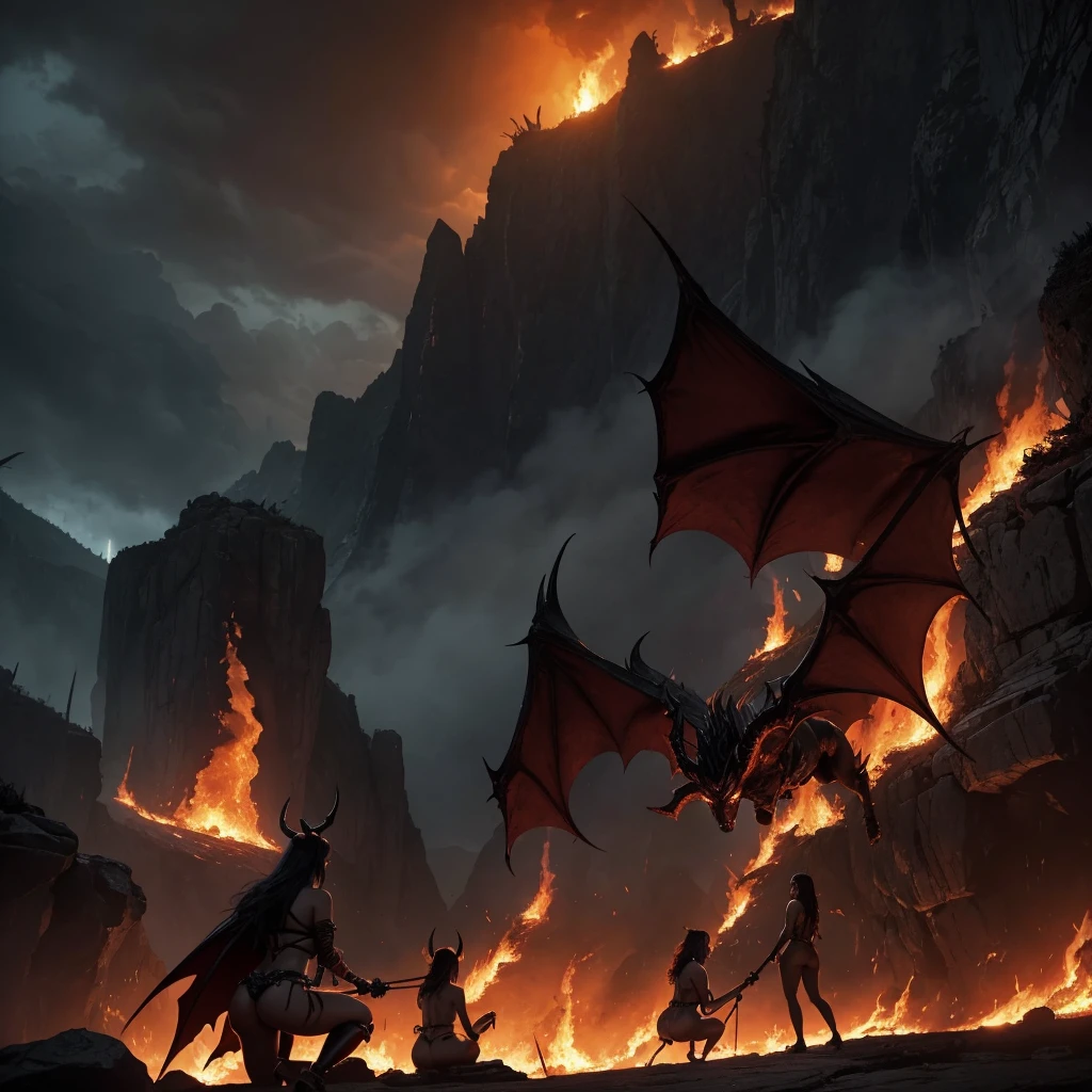 create a dark and intense high fantasy illustration set in a hellish landscape. The background features a burning inferno with intense orange and red tones. In the foreground, three nude, demon-like women with bat wings and dark, seductive features pose seductively on rocky outcrops surrounding a central rock and central pit filled with flames and tormented souls. A woman raises her arm toward the sky, where lightning crackles. Another woman is crawling forward and the third is kneeling with her back arched. A larger demonic figure with horns and a menacing presence is seen in the distance, holding a staff. The scene is chaotic and apocalyptic, with smoke, fire and dark energy creating a dramatic atmosphere.