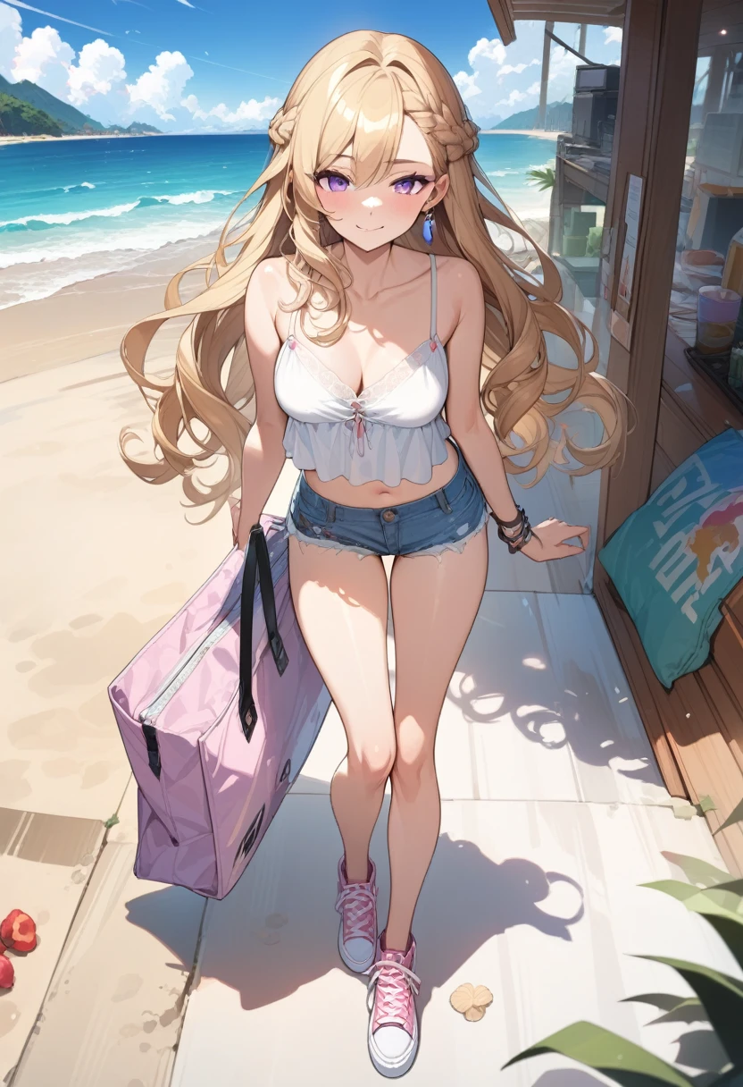 masterpiece, best quality, extremely detailed, ultra detailed, flat anime, 2D,
1girl, (young adult:1.2),blonde hair, (semi-long hair:1.2), curly hair, french braid,medium breasts, tsurime, purple eyes,earring,bracelet,height 1.7meters,
smile, pink sneaker, denim shorts, camisole, beach bag,
{{happy}}, (dynamic:1.7), (full body:1.7), outdoors, summer, facing viewer