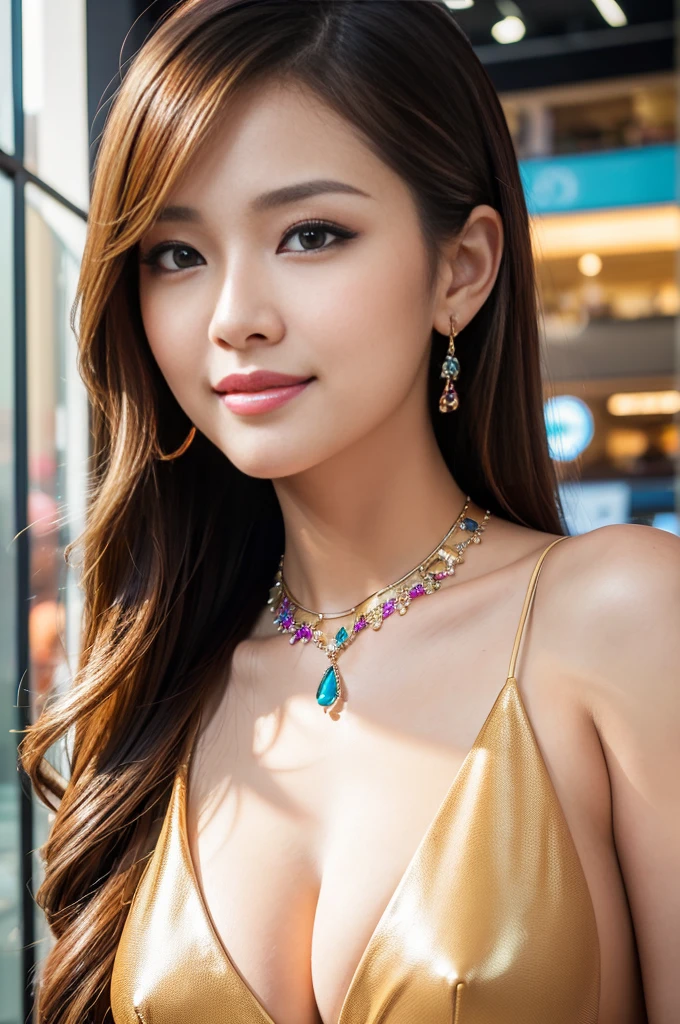 (masterpiece:1.4), (best quality:1.4), ultra high res, ultra high resolution, ((detailed facial features)), HDR, (realistic, photorealistic, photo-realistic:1.37), closeup, sexy seductive Thai woman, (seductive smile), long lashes, beautiful makeup, platinum blonde hair, fair skin, slender figure, elegant posture, wearing large sparkling colorful jewelry, wearing a business style leather dress, standing in a large shopping mall, gentle sunlight shining through the shopping mall windows, casting a soft glow on her face, adding warmth to the scene, vibrant colors, capturing the essence of vibrant city life, portrait style, showcasing her natural beauty and grace in a feminine way