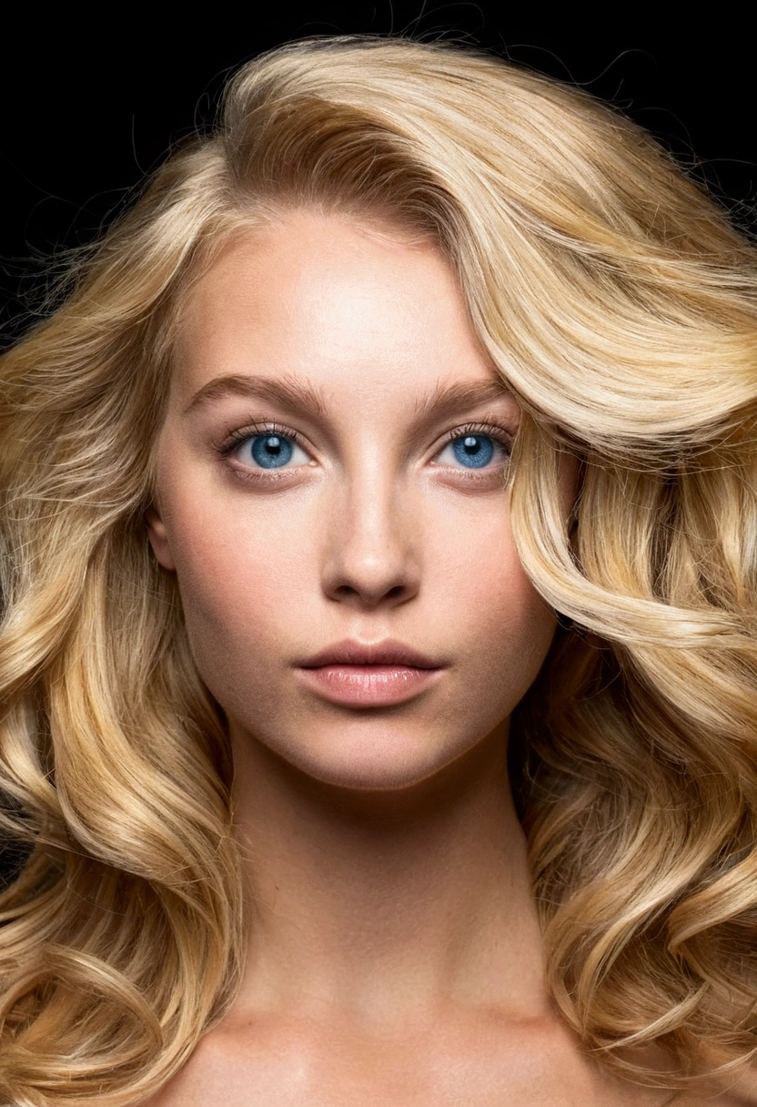 Créer une image photoréaliste d'une femme de 18 ans avec des cheveux blonds ondulés, des yeux bleus et quelques taches de rousseur sur le visage. L'image doit ressembler à une photographie de haute qualité, capturant son apparence jeune et vibrante. Mettre en valeur la beauté naturelle de ses cheveux blonds ondulés, l'éclat de ses yeux bleus et les taches de rousseur subtiles sur ses joues et son nez. L'éclairage doit être doux et naturel, avec un arrière-plan simple qui ne distrait pas du sujet