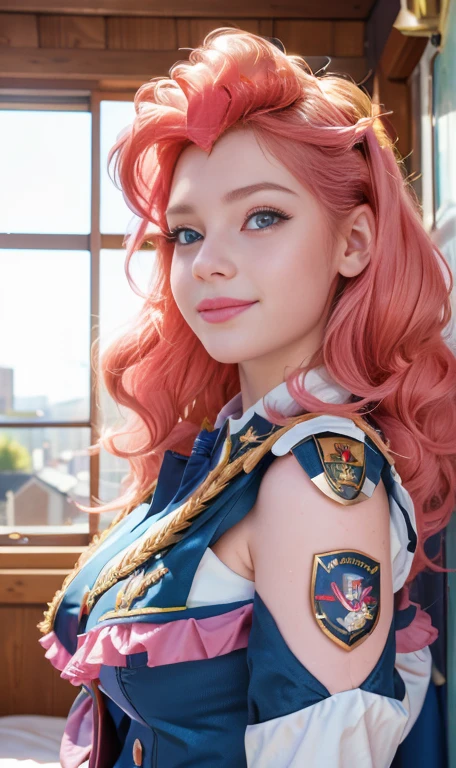 Photo oF a 18 year-old American girl, .RAW, beautiful woman, ((detailed face:1.2)), ((Detailed facial features)), (finely detailed skin), pale skin , freckles on cheeks , blue eyes , small nose, 、a sexy(color fresco), wet, wet, ReFlectoreasutepiece) (perfect proportions realistic)(The best quality) (detailed) Photographed with a Canon EOS R5, 50mm lens, F/2.8, NFFSW, (8k) (wallpaper) (cinematic lighting) (dramatic lighting) (sharp focus) (Convoluted) BIG BREASTS , big breasts ,whole body , beautiful age body ,cute makeup , blue eye shadow, big smile ,varied background , fluffy pink hair , fluffy pink fur , mlp , pinkie pie , Equestria girls , viste uniform militar , uniform , Beautiful smile , happy , foto whole body , vailando , JUMPING ,happy , posing lying in bed