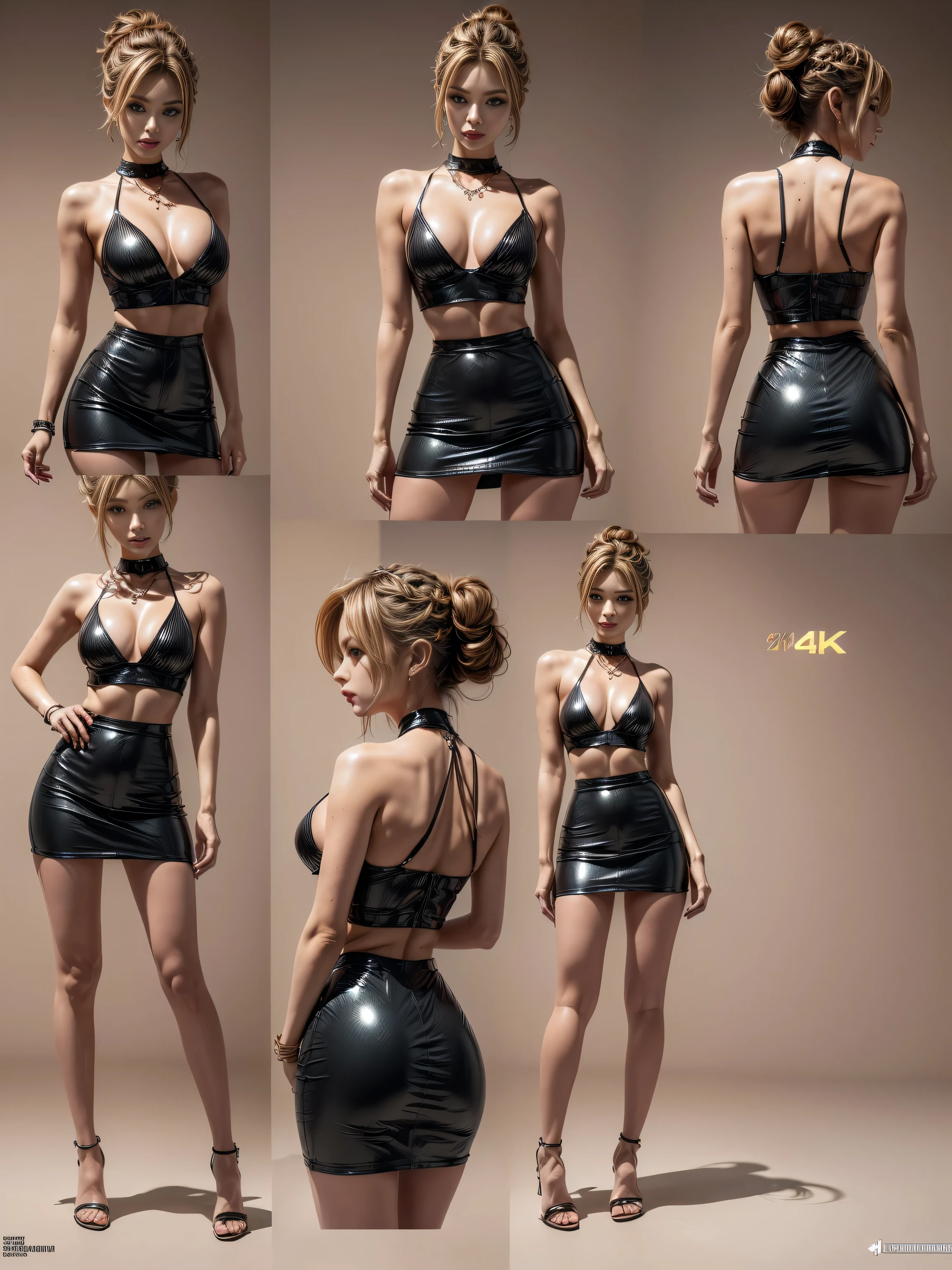 (((Create Detailed Character Design Sheet))), (Front view, Side view, Diagonal view, show 5 women, on simple background, (warm color background)), ((best quality,4k,8k,highres,masterpiece:1.2),ultra-detailed), (luxury red latex),(Red-black pleated mini skirt),(Luxurious shiny latex),(Versace Leather bustier top), (random color hair:1.22),(random hairstyle:1.2), ((many additional elements for the outfit (+ detailed item description, many parts), + character description, full of details)). concept-art, reference sheet, Proportions are based on a 7.5 head scale)