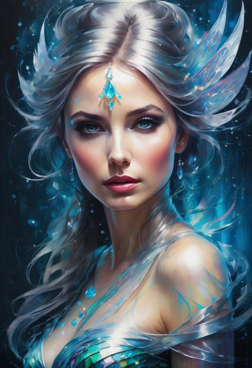 silver_Light painting representing the face of a beautiful woman, silver_Light style, mesmerizing beauty, cool and twister, crystals sparkle and sparkle, creating fantastic, releasing flame and water and flash, miracle of beauty, elegant curves, swirling patterns and iridescent glass , stunning cyber fairy, (((extremely intricate detail: 1.3))), (((breathtaking: 1.3))), Incredibly beautiful visual quality,