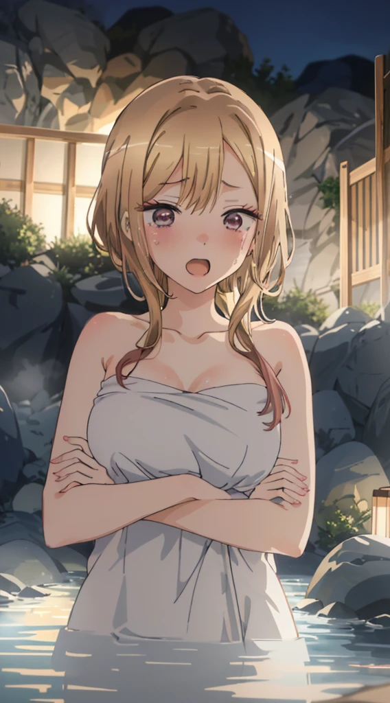 beautiful  lighting, 1girl in, solo, AKANE,  (((anime styled)))、(((2d)))、be shy、(((hot onsen)))、(((a towel)))、(((a closeup)))、(((embarassed face)))、Facing the camera、Colossal tits、Open your mouth