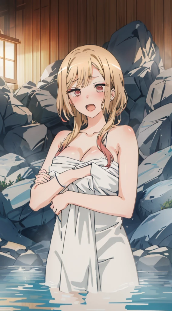 beautiful lighting, 1girl in, solo, AKANE, (((anime styled)))、(((2d)))、be shy、(((hot onsen)))、(((a towel)))、(((a closeup)))、(((embarassed face)))、Facing the camera、Colossal tits、Open your mouth