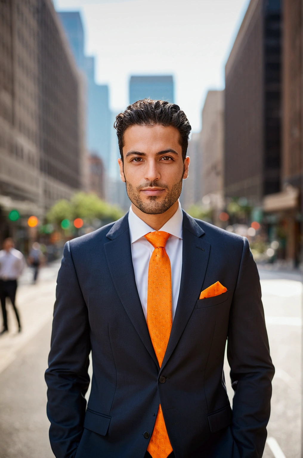 Arabian man wearing a suit and orange tie standing on a city street, Outdoor business portrait, Professional Profile Photo, Professional profile photo, wearing a suit and a tie, Wearing a business suit, Nico DeRolls, Chi multiplication, Corporate Wear, wearing a suit and a tie, Corporate Portrait, Raphael Persona, Sascha Schneider, Wear a business suit, Professional photos