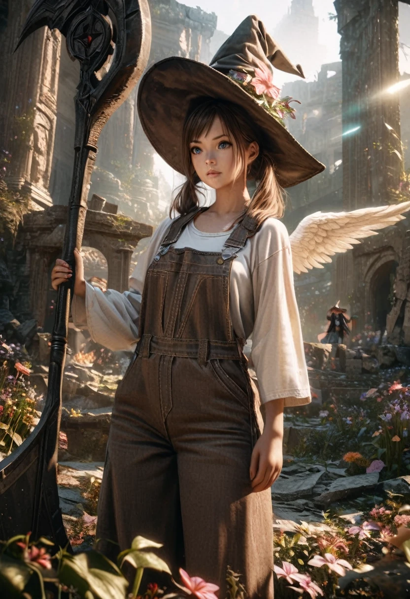 a girl with twin tails wearing a white shirt, overalls, with angel wings and a witch hat, holding a sci-fi scythe, standing in ancient ruins surrounded by flowers, intricate details, cinematic lighting, fantasy, photorealistic, 8k, high quality