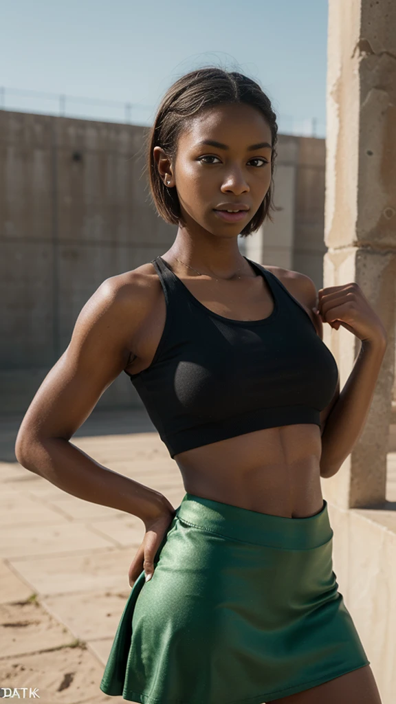 Black skinned athletic female, (black skin, black skinned female):1.2, elf:1.3, blonde short hair, big green eyes, dark green top, datk green skirt, photorealistic