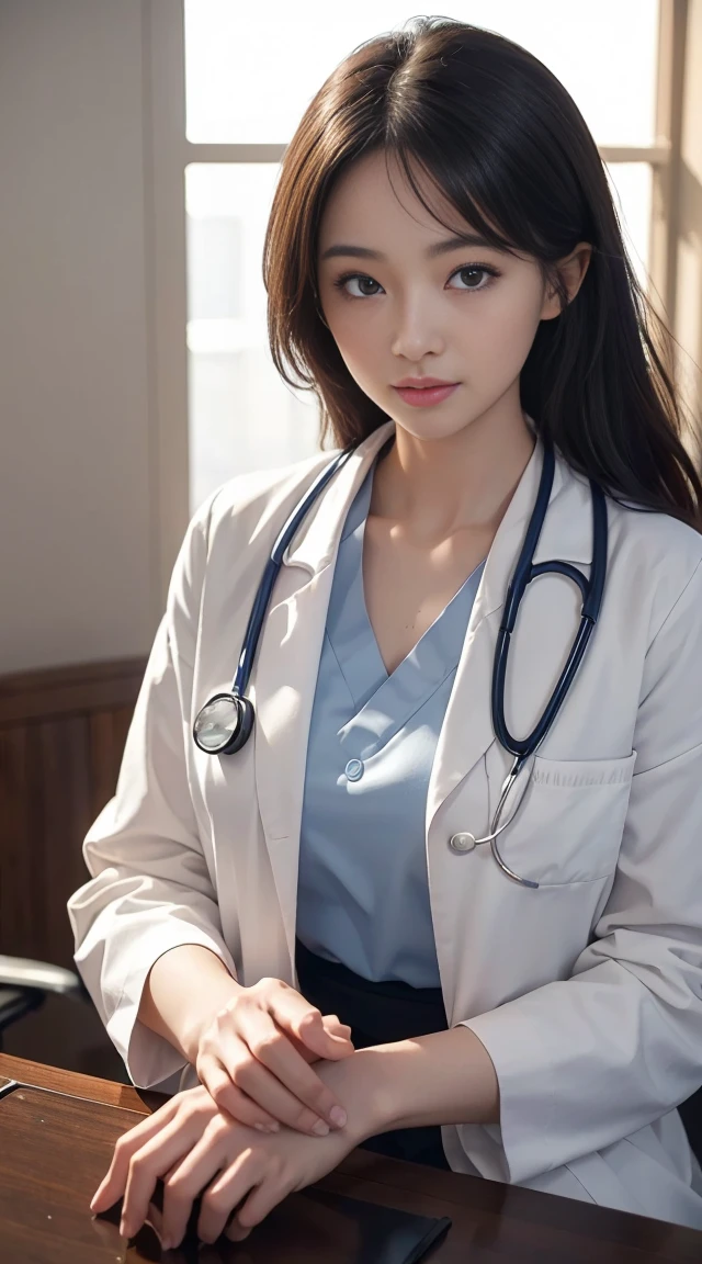 Photorealisticistic beautiful doctor、Stunningly beautiful、doctor'Under her white coat'Wearing sexy blue underwear, Collared shirt、(Highest quality、8k、32k、masterpiece、NFSW:1.3)、Ultra-high resolution,(Photorealistic:1.4),RAW Photos, Detailed face,,Beautiful Hair, ((doctor style)), , Black tight skirt、 Natural Makeup,, Big and ample breasts、In the hospital, Detailed Background, Perfect lighting, Written boundary depth, Beautiful shadow gradation,Stethoscope ,Browsing Caution、Beautiful female doctor、I fall in love、Her underwear is visible、Sit in the examination chair、