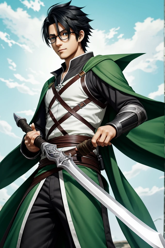Create a cute man with black hair, light green eyes, glasses, swordsman clothing and uses the colors white gray and green in an anime style