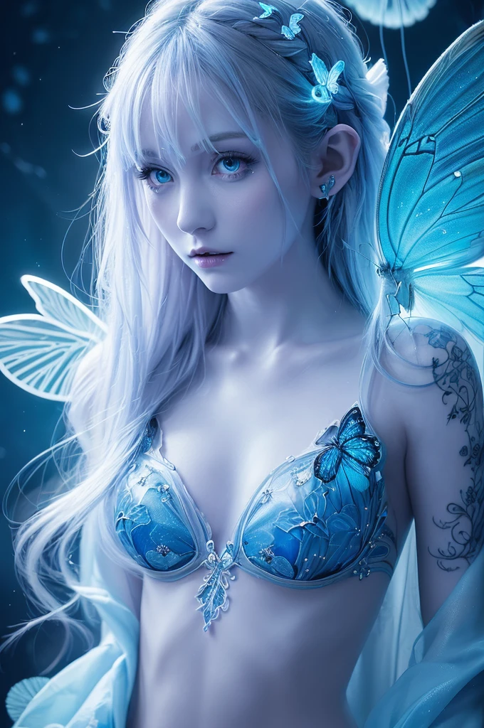 magical abstraction, (blue biolumenescent magical glow:1.4), (blue tattooes:1.2), elf, (pale skin:1.1), long white hair, delicate and beautiful, nude, butterflies, upper body, cloudy night, (fantasy style, 8K, masterpiece, best quality:1.15), (intricate details:0.9), (hdr, hyperdetailed:1.2)