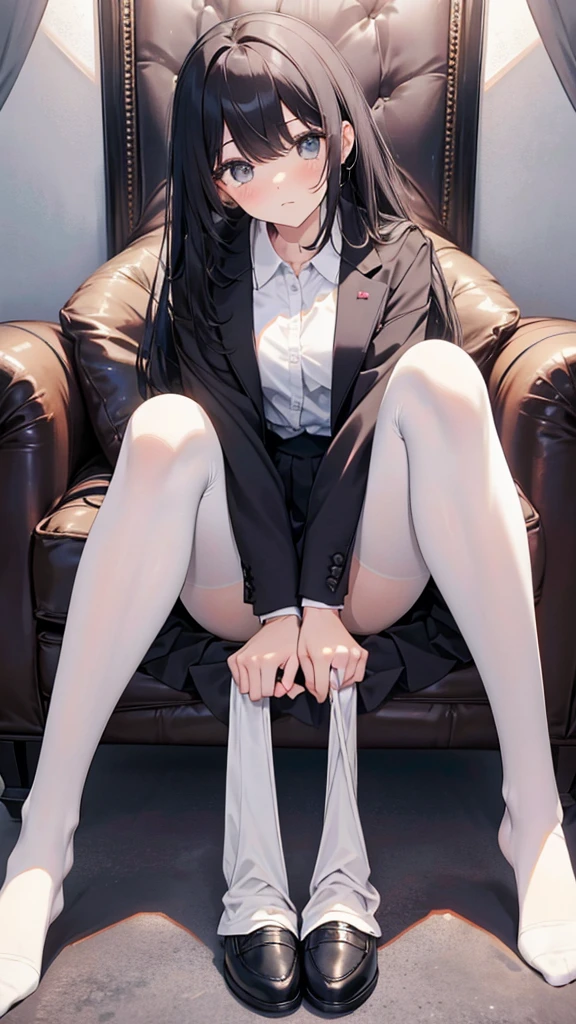 Top quality, masterpiece, High resolution, (Head to toe full body), front, frontやや下からの構図, Symmetric, Tall 18 year old girl, alone, (Head to toe), (Small breasts), bangs, (black tights), (Black Pantyhose), (Sit with your legs apart), (Crouching pose), (A composition showing white panties), (Her legs were spread、I see your white pants.), (I was made to sit on the floor with my legs spread..), (M-shaped legs), Thin legs, A very beautiful and tall 18 year old girl, (No shoes), blush, Shy big eyes, looking at the camera, Blazer Uniform, Checkered Pleated Skirt