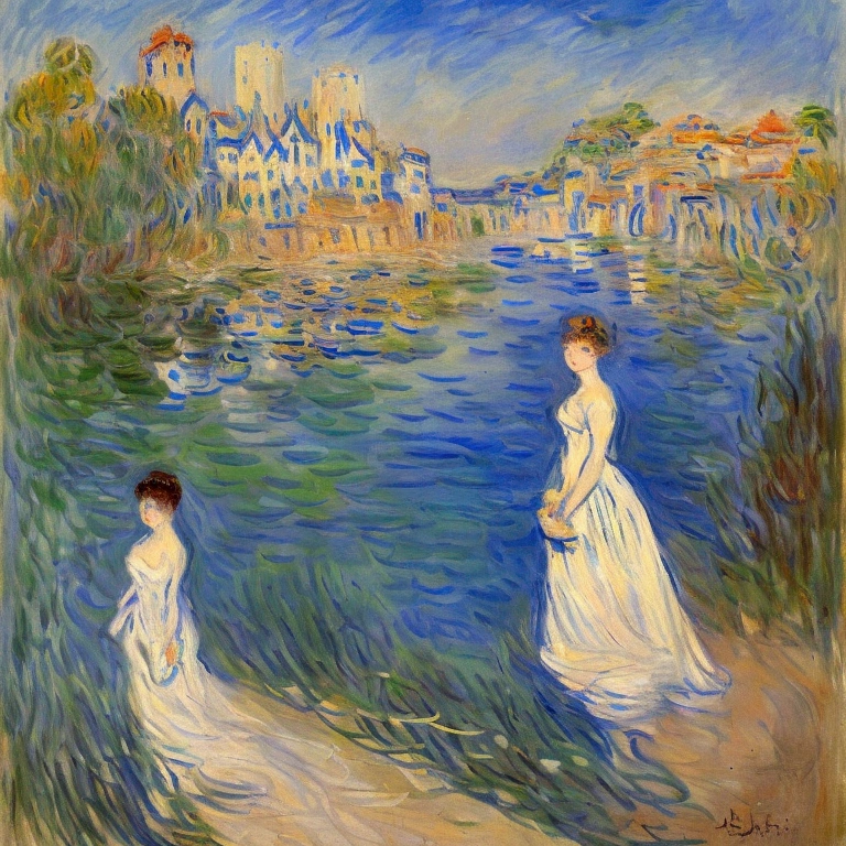 Create Monet-style abstract colors,Beautiful woman in a swimsuit walking along the coastline、Expressing tender feelings,calm down,There is loneliness in freedom,space