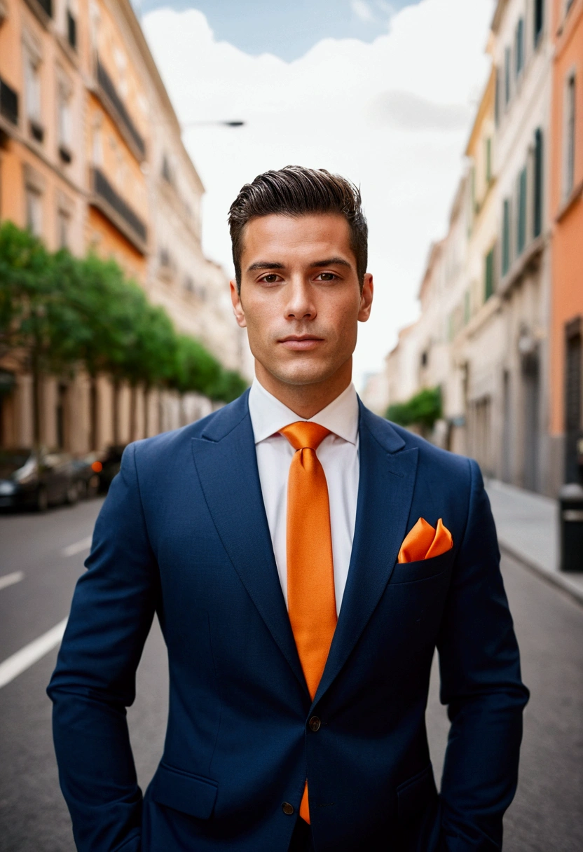 Highest quality、8k、Italian man wearing a suit and orange tie standing on a city street, Outdoor business portrait, Professional Profile Photo, Professional profile photo, wearing a suit and a tie, Wearing a business suit, Nico DeRolls, Chi multiplication, Corporate Wear, wearing a suit and a tie, Corporate Portrait, Raphael Persona, Sascha Schneider, Wear a business suit, Professional photos