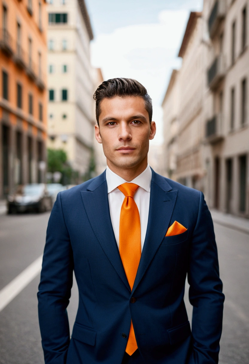 Highest quality、8k、Italian man wearing a suit and orange tie standing on a city street, Outdoor business portrait, Professional Profile Photo, Professional profile photo, wearing a suit and a tie, Wearing a business suit, Nico DeRolls, Chi multiplication, Corporate Wear, wearing a suit and a tie, Corporate Portrait, Raphael Persona, Sascha Schneider, Wear a business suit, Professional photos