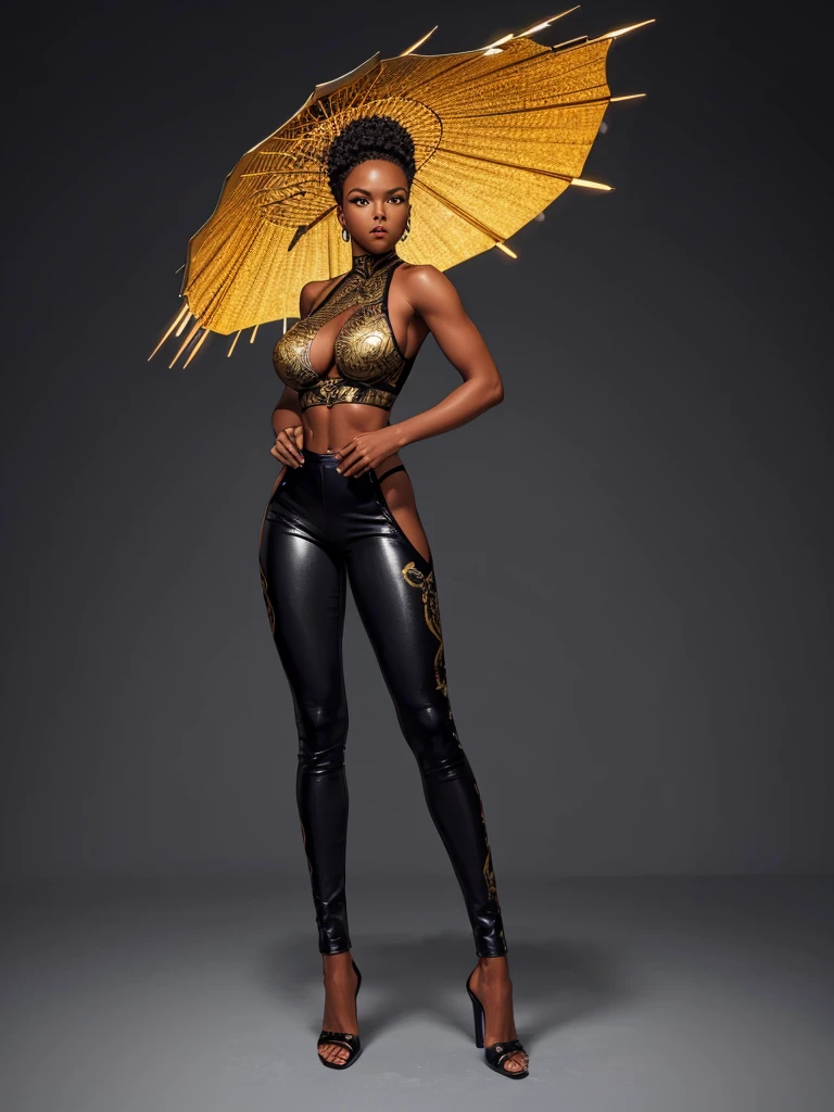 ((best quality)), ((4k)), ((highres)), ((masterpiece:1.2)). ((detailed)), ((ultra realistic)), ((intricate details)), ((full body picture)), ((solo character)), a full body picture of a beautifull Ebony skinned female, black woman, dark skin, perfect face, detailed eyes, detailed lips, about 25 years old, about 5'5 ft. tall, punk black woman, punk style, side shaved hair ((emphasis on her side shaved hair)), side-shaved afro hair style, ((emphasis on her side-shaved afro hair style)), muscular body, hourglass body type, thick and muscular, dressed in a golden top ((emphasis on her gold tank top)), and black leather pants, high heels, fighting game character concept art, tekken character design, the king of fighters character concept, full bofy, full body concept art, full body art
