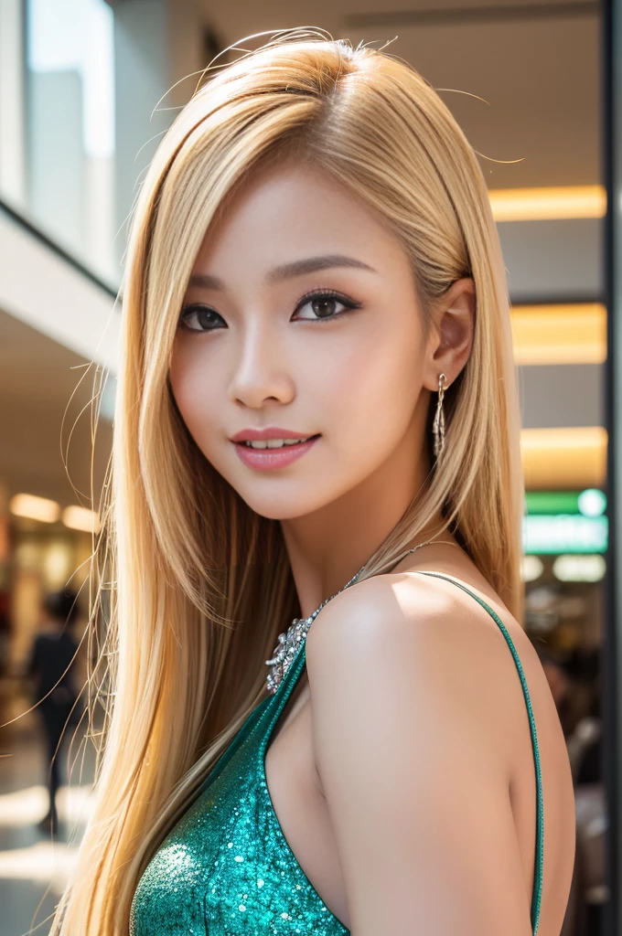 (masterpiece:1.4), (best quality:1.4), ultra high res, ultra high resolution, ((detailed facial features)), HDR, (realistic, photorealistic, photo-realistic:1.37), closeup, sexy seductive Thai woman, (seductive smile), long lashes, beautiful makeup, platinum blonde hair, fair skin, slender figure, elegant posture, wearing large sparkling colorful jewelery, wearing a business style leather dress, standing in a large shopping mall, gentle sunlight shining through the shopping mall windows, casting a soft glow on her face, adding warmth to the scene, vibrant colors, capturing the essence of vibrant city life, portrait style, showcasing her natural beauty and grace in a feminine way