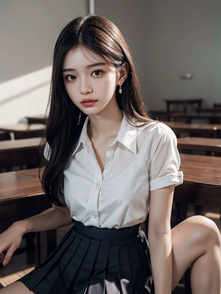 absurdres, RAW photo, extremely delicate and beautiful, masterpiece, Best Quality, ultra high resolution, 32k, hyperrealistic, ultra-detailed, perfect anatomy, super Detailed skin, perfect figure, Super Beauty, Perfect Style, Perfect balance, Beautiful Lighting, Perfect Lightning, Realistic Shadows, 20 years old, very Slim body, narrow waist, very small head, very small face, delicate facial features, handsome detailed woman, very detailed eyes and face, realistic face proportions, Realistic beautiful face, Realistic beautiful eyes, tearful mole, earring, very huge round breasts, legs, medium hair, whole body shot, indoor, school_uniform, dress shirt, pleated skirt,