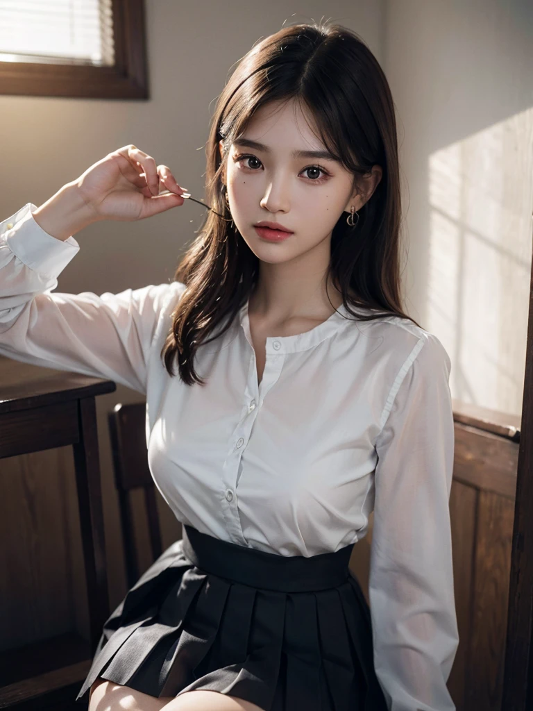 absurdres, RAW photo, extremely delicate and beautiful, masterpiece, Best Quality, ultra high resolution, 32k, hyperrealistic, ultra-detailed, perfect anatomy, super Detailed skin, perfect figure, Super Beauty, Perfect Style, Perfect balance, Beautiful Lighting, Perfect Lightning, Realistic Shadows, 20 years old, very Slim body, narrow waist, very small head, very small face, delicate facial features, handsome detailed woman, very detailed eyes and face, realistic face proportions, Realistic beautiful face, Realistic beautiful eyes, tearful mole, earring, very huge round breasts, legs, medium hair, whole body shot, indoor, school_uniform, dress shirt, pleated skirt, 