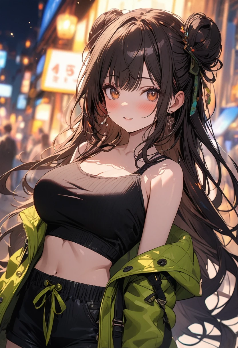 (masterpiece), best quality, very aesthetic, newest, absurdres, detailed, high quality
BREAK
highest quality, top quality, details, highres, ultra fine painting, digital art, official art, cinematic, 4k, 8k resolution, 8K CG wallpaper, CG, original artwork, detailed background, colorful background, blue atmosphere, High Dynamic Range, blurry background, blue hour, Starburst effects, crepuscular rays, good ISO, high resolution, wide shot, from far away, RAW photo, POV, sharp focus, light reflection, reflections, intricate details, soft light, particle noise, professional photography, bokeh, depth of field, natural lighting, vibrant colors, looking away, detailed lights and shadows, stylish, ultra-detailed, top rated on Pixiv, trending on Artstation, niji style, modern-days, master crafted, pose
BREAK
solo, (close up), 1girl, pale skin, correct fingers, detailed hand, (big breasts:1.2), big thighs, small torso, short body, flushtered, blush, anxious expression, embarassed, embarassed act, casual, slim, ((cute, childlike face):1.3), nice body, nice hips, brown hair, (very long flowing hair, 2 buns hairstyle), long bangs, long hair, middle hair bangs, brown eyes
BREAK
((black strap type tank top), black string sweatshorts, off shoulders open green hoodie, casual wear, modest)
BREAK
City background