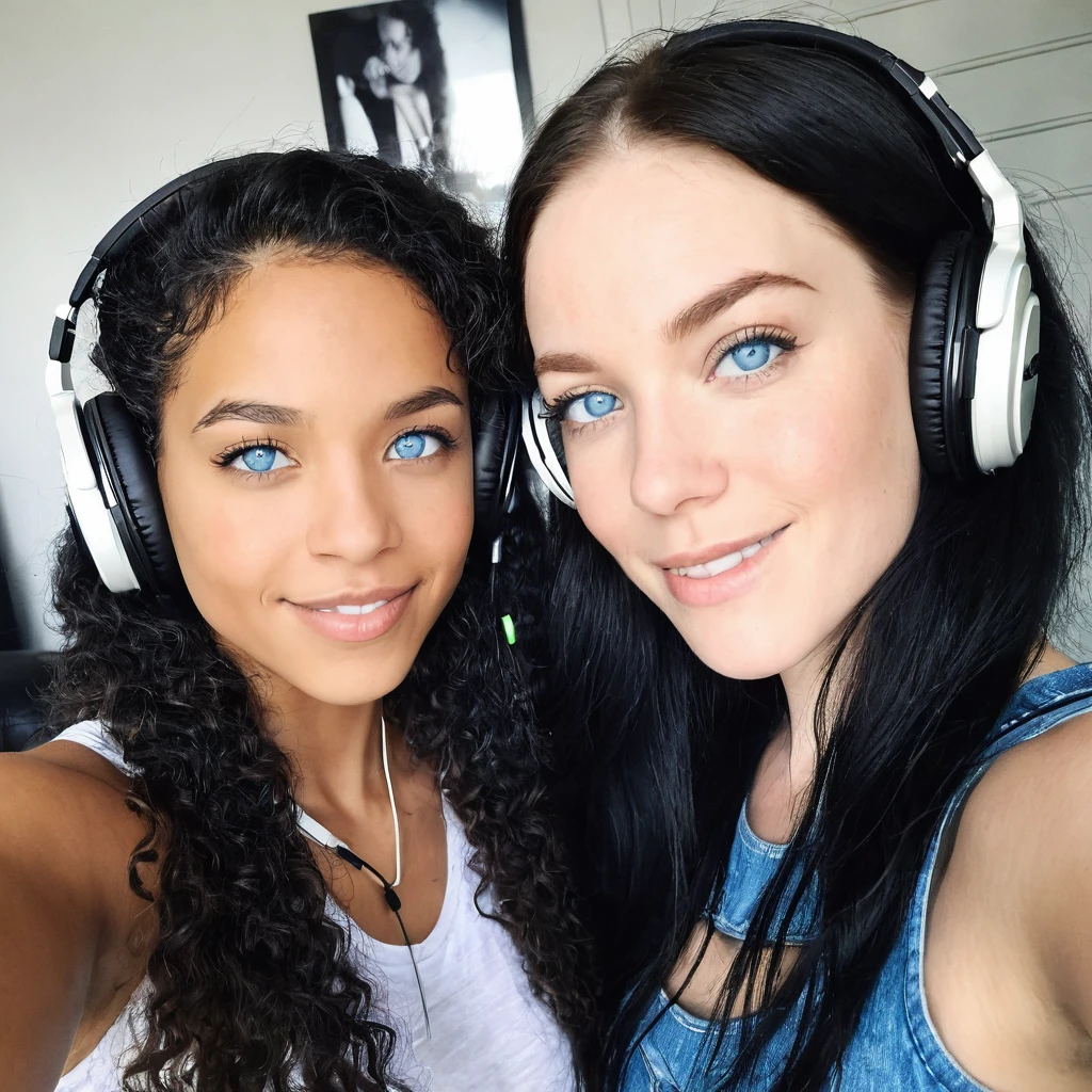 1 beautiful biracial woman with blue eyes and 1 beautiful white woman black hair, music studio, selfie, headphones, micro