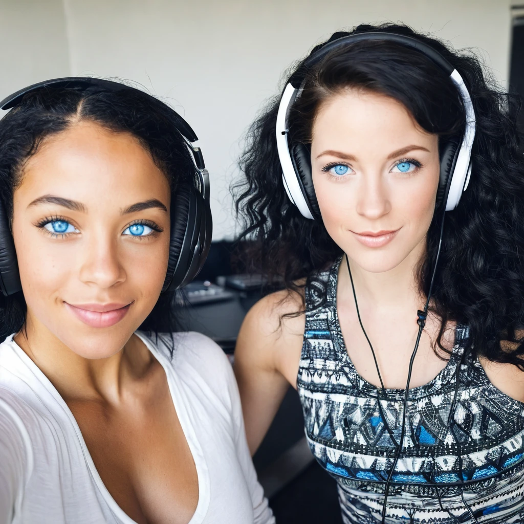 1 beautiful biracial woman with blue eyes and 1 beautiful white woman black hair, music studio, selfie, headphones, micro