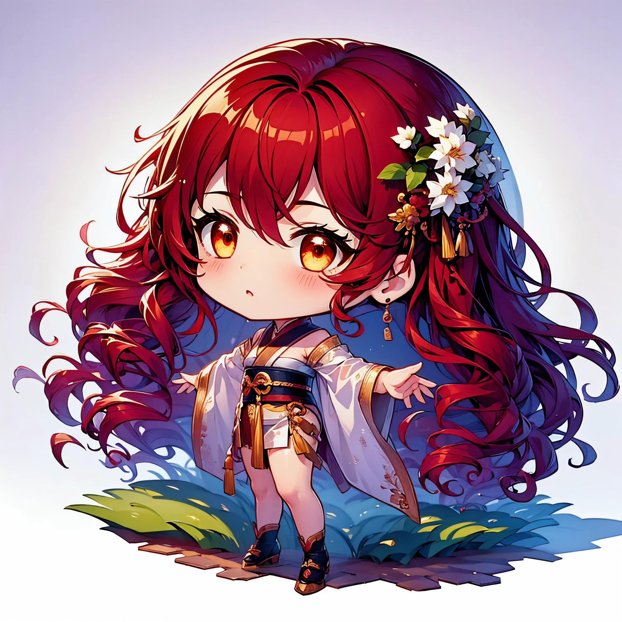 Chibi character pixel art, ((xian mei)), 1 girl with long red hair, standing, Chibi style, high quality pixel art, Gege Akutami, photography, beautiful, colorful, realistic, masterpieces, top quality, best quality, official art, beautiful and aesthetic, hanfu, perfect anatomy