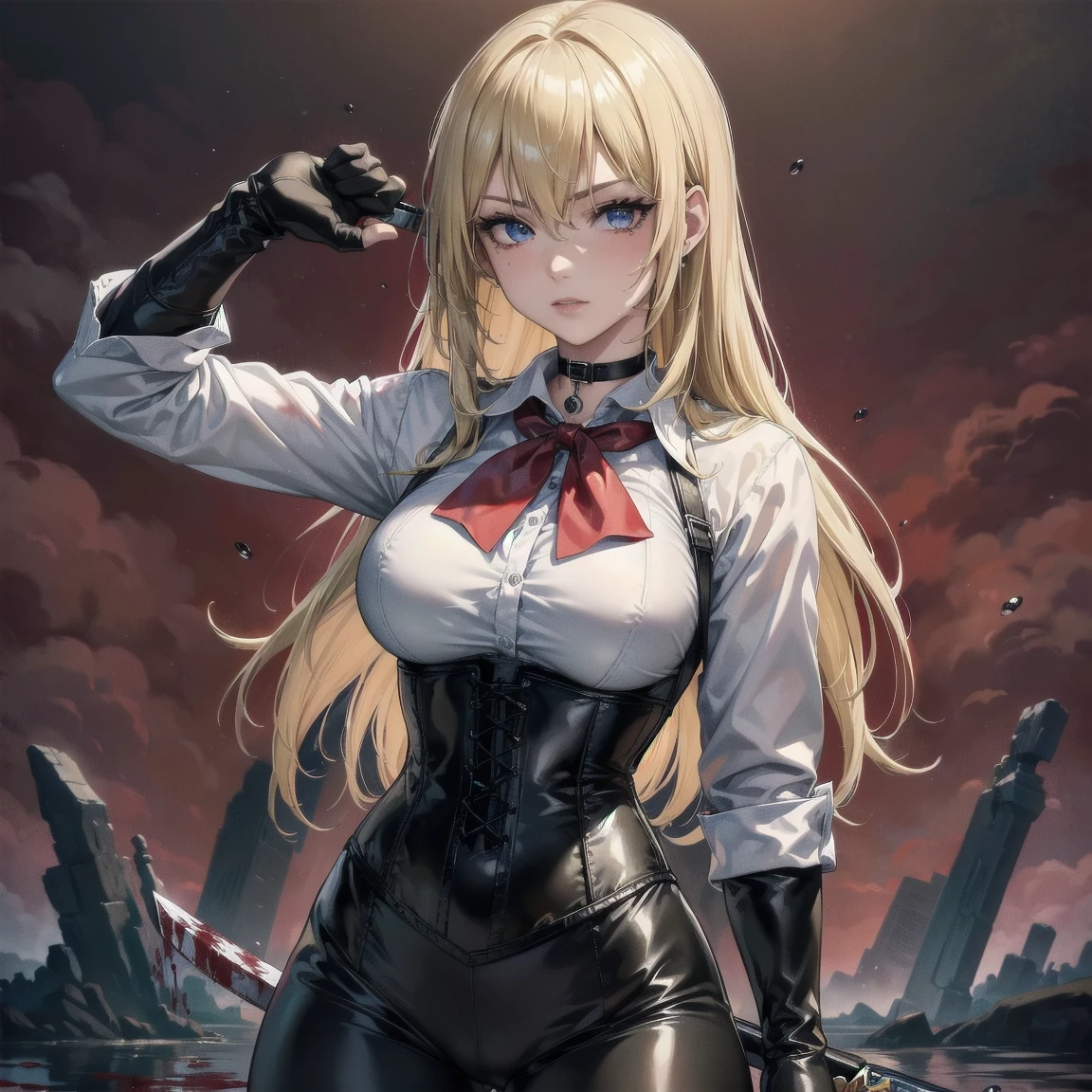 ((blood droplets)), ((blood)), ((blood splatter)), ((blood on clothes)) ((blood stain)), Masterpiece, Superior image quality, high resolution, 4k image,photo and gross, photorealistic, whole body, Torn clothes,  1 young blonde of  years, fighting pose, {{{vagina}}}, big breasts, beautiful face, Long blonde hair, blue eyes, very detailed eyes,  serious expression, choker:1.6, (white collar button down long sleeve shirt), black gloves, gloves that cover hands, (wields a sword in his right hand), (black leather corset), (shiny black leggings), Sensual Lips, show details in the eyes, View from the front, looking at the viewer, standing on the shore of a lagoon, gloomy lagoon, Atmosphere, crimson sky