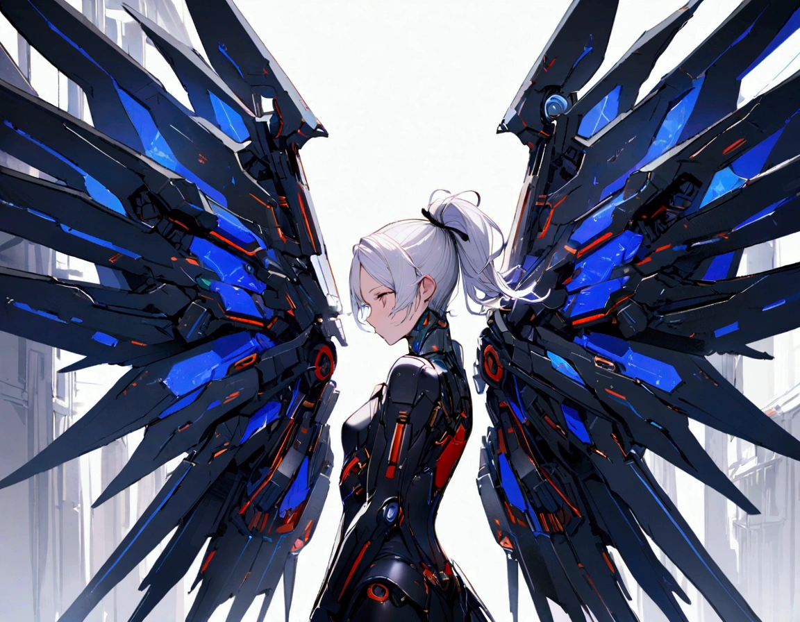 A man with futuristic technology, the torso completely made of technology, with 2 pairs of wings, the left wings are blue with black tips and the right wings are red with black tips, white hair tied in a short ponytail, looking forward