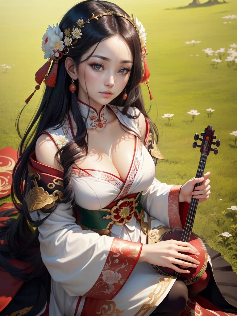 A woman in a white dress holding red and green musical instruments, Beautiful character drawings, Japanese Goddess, Beautiful and attractive anime woman, Gweiz-style artwork, Beautiful Anime Woman, Beautiful Fantasy Empress, Inspired by Wu Zuoren, Inspired by Sukenori Nishikawa, Inspired by Du Qiong, Ancient Chinese Beauties, Highly detailed CG unit 8k wallpaper, masterpiece, High resolution, highest quality, highest quality real texture skin, Super Real, Digital Painting, Best image quality, 最High resolution, 8k, ((Highly detailed eyes and face, Beautiful eyes every detail)),