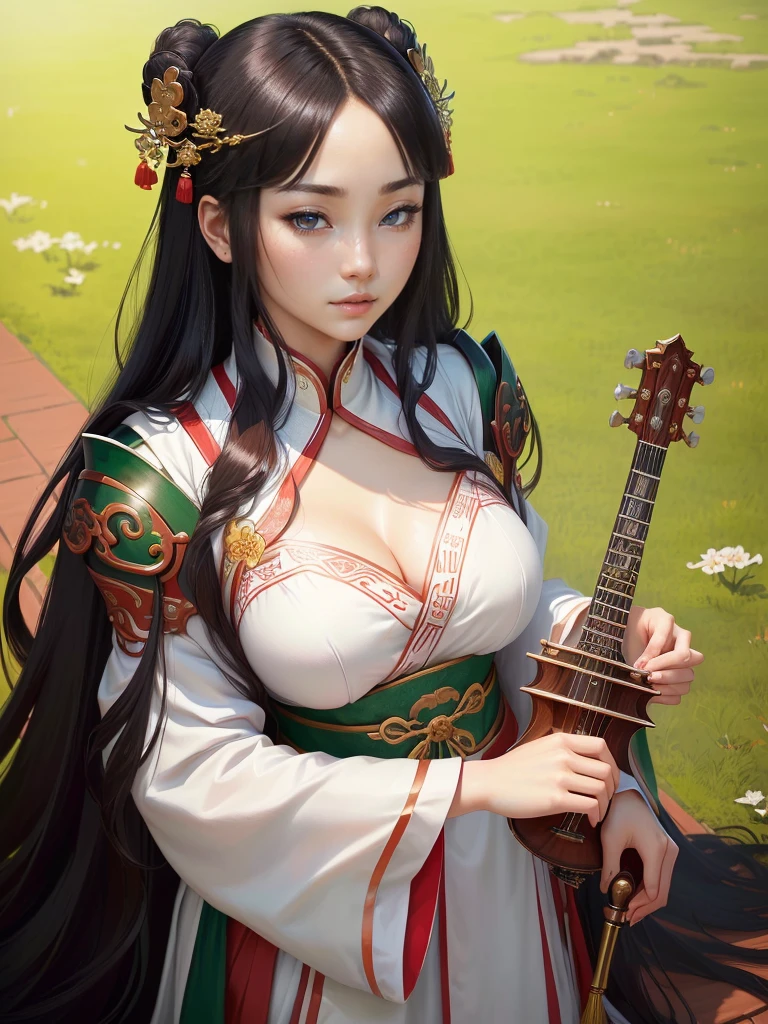 A woman in a white dress holding red and green musical instruments, Beautiful character drawings, Japanese Goddess, Beautiful and attractive anime woman, Gweiz-style artwork, Beautiful Anime Woman, Beautiful Fantasy Empress, Inspired by Wu Zuoren, Inspired by Sukenori Nishikawa, Inspired by Du Qiong, Ancient Chinese Beauties,  Highly detailed CG unit 8k wallpaper, masterpiece, High resolution, highest quality, highest quality real texture skin, Super Real, Digital Painting, Best image quality, 最High resolution, 8k, ((Highly detailed eyes and face, Beautiful eyes every detail)), 