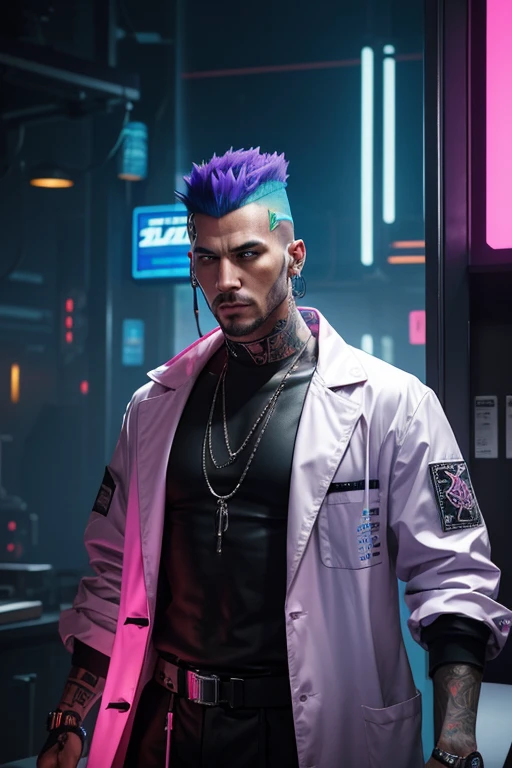 Stern man in late thirties, tattoos on face, cyberpunk, futuristic cyberpunk clinic in background, man is wearing a brightly colored neon clothing under coat, very tall mohawk, wearing a white doctor's lab coat