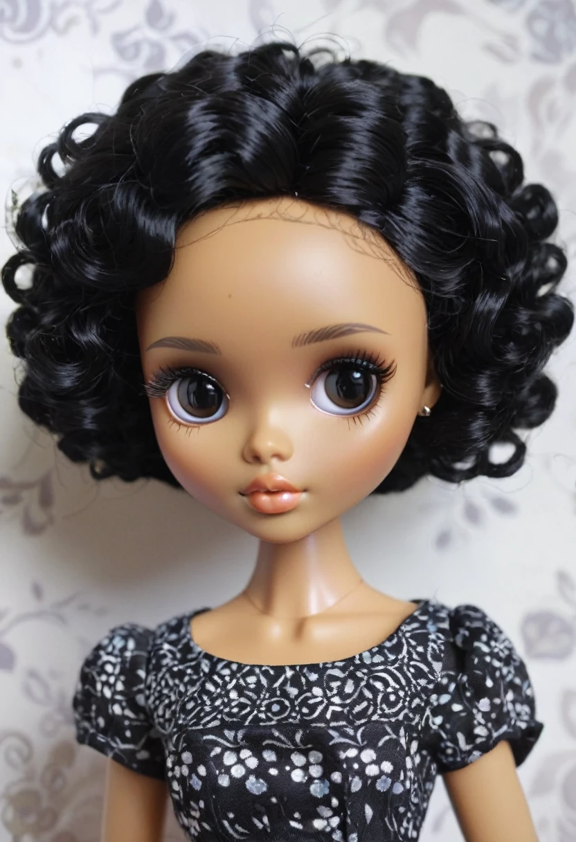 Create a Blythe Doll with a serene face, medium-light and slightly dark black skin, super short black curly hair and black eyes