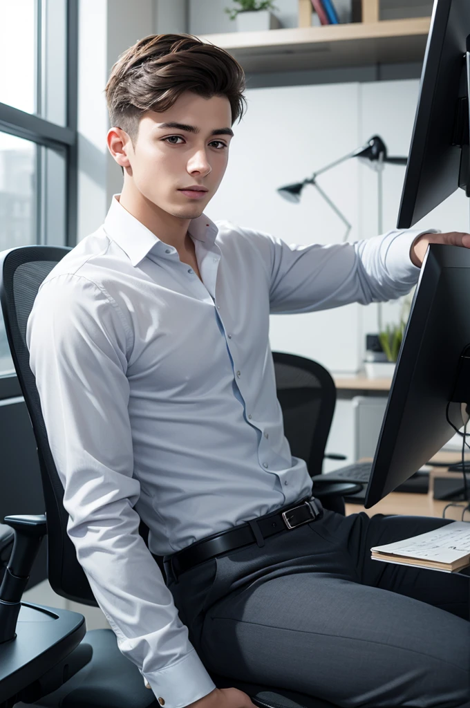 Create an image of a young man working in the office 