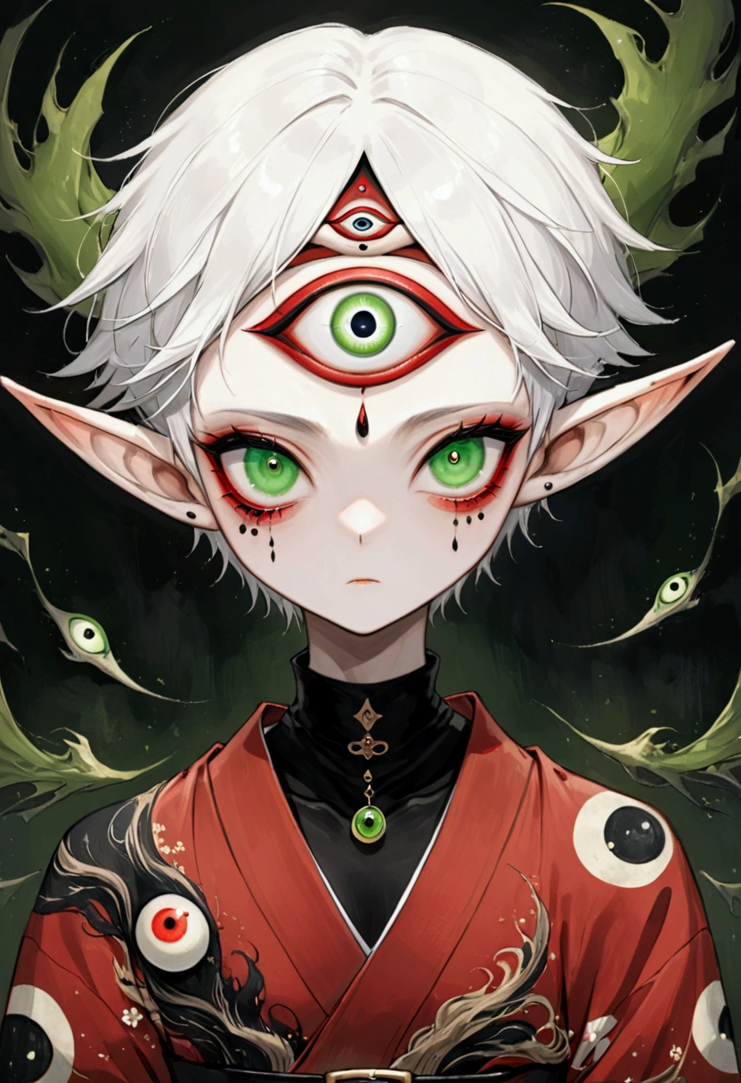 Japanese Anime，Second Dimension，Horror style，horror character，(((Three-eyed boy，third eye on the forehead:1.1.Dark eyeshadow，White short hair，Elf ears，))),(((Gorgeous Japanese red kimono，Eye pattern，Dark Pattern))).(((Thin waist，Green belt：1.6))).(style of santiago caruso,Tattoo on the neck)，Ink smudged black background blur
