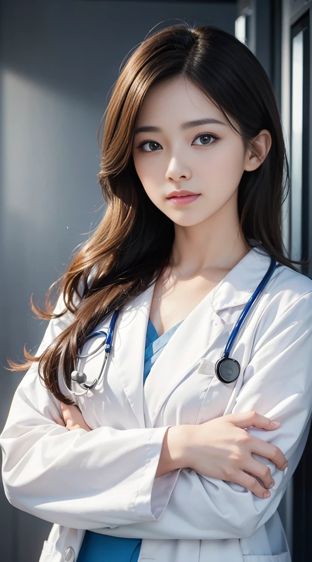 Photorealisticistic beautiful doctor、Stunningly beautiful、doctor&#39;Under her white coat&#39;Wearing sexy blue underwear, Collared shirt、(Highest quality、8k、32k、masterpiece、NFSW:1.3)、Ultra-high resolution,(Photorealistic:1.4),RAW Photos, Detailed face,,Beautiful Hair, ((doctor style)), Tight Skirt、 Natural Makeup,, Big and ample breasts、In the hospital, Detailed Background, Perfect lighting, Written boundary depth, Beautiful shadow gradation,Stethoscope ,Browsing Caution、Beautiful female doctor、I can see your pants、Sit in the examination chair、