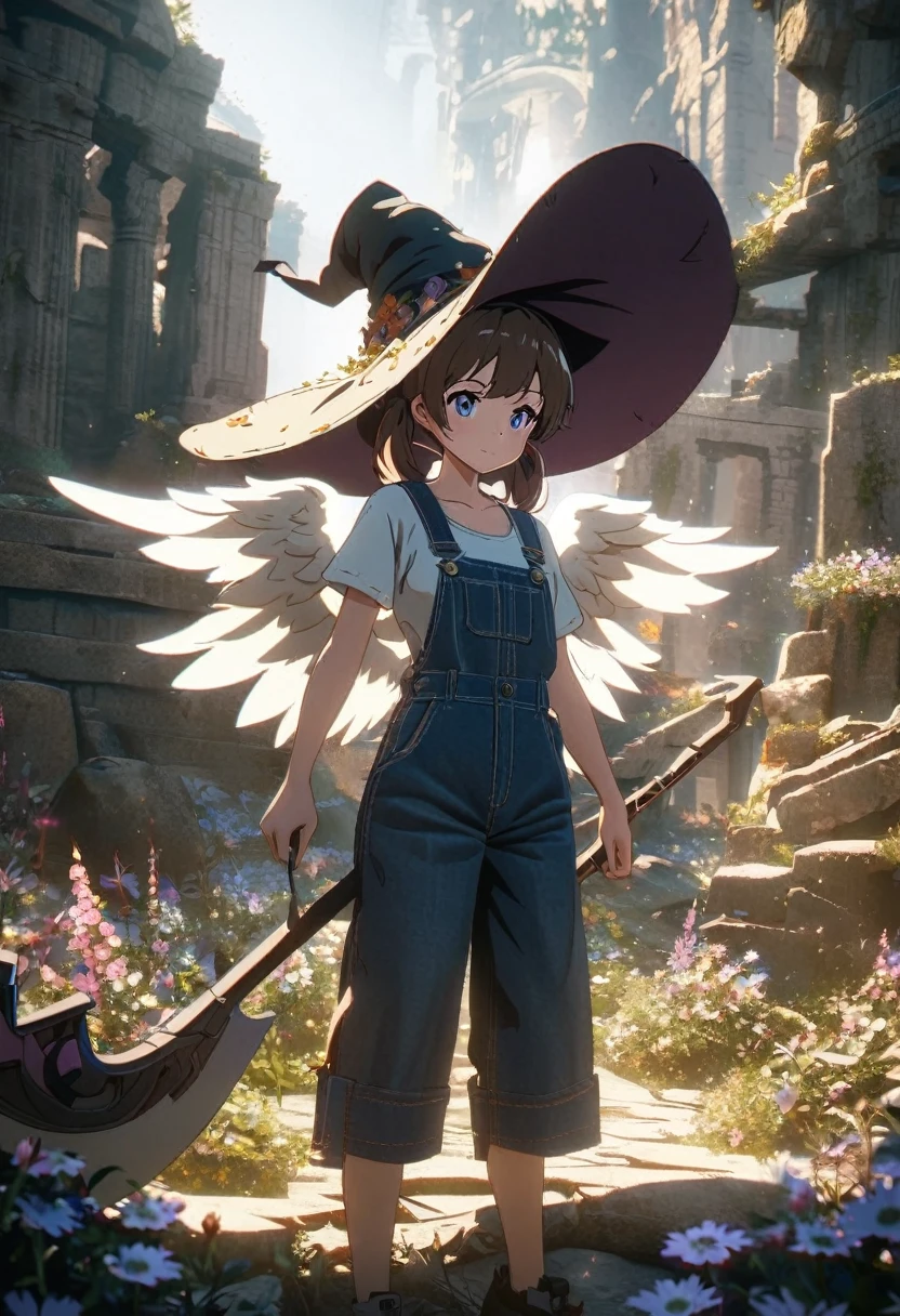 a girl with twin tails wearing a white shirt, overalls, with angel wings and a witch hat, holding a sci-fi scythe, standing in ancient ruins surrounded by flowers, intricate details, cinematic lighting, fantasy, anime style, 8k, high quality
