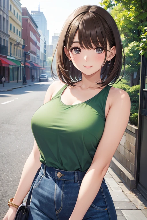 ((((Pixel Perfect, Perfect in every detail))), alone, One girl, ,, big , green top,Exposing shoulders, View your viewers, smile, , (Upper Body , Lower Body Front: 1.3 ), Are standing, In the city
、anegasaki nene、Shiny brown hair, short hair, (Beautiful brown eyes)、smile、Sparkling eyes, (Fine grain)、Ultra-detailed eyes、Highly detailed face, Highly detailed eyes,Cowboy Shot、